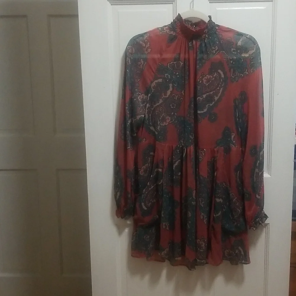 Free People Moonstruck XS Dress Paisley Baby Doll Dress Long Sleeve & Pockets